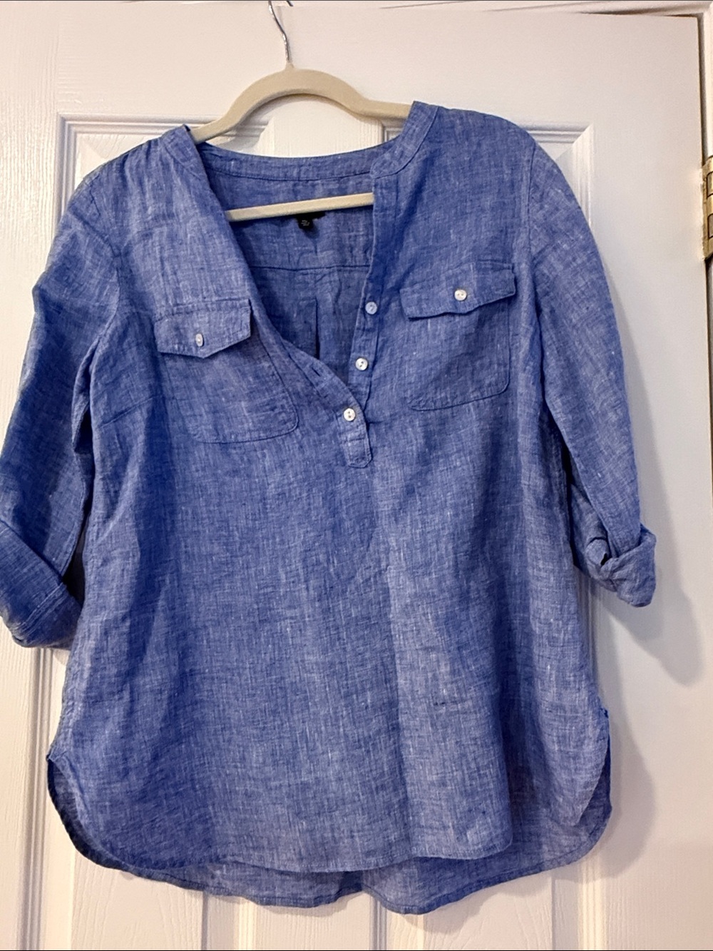 Talbots Blue Linen Henley Tunic Top